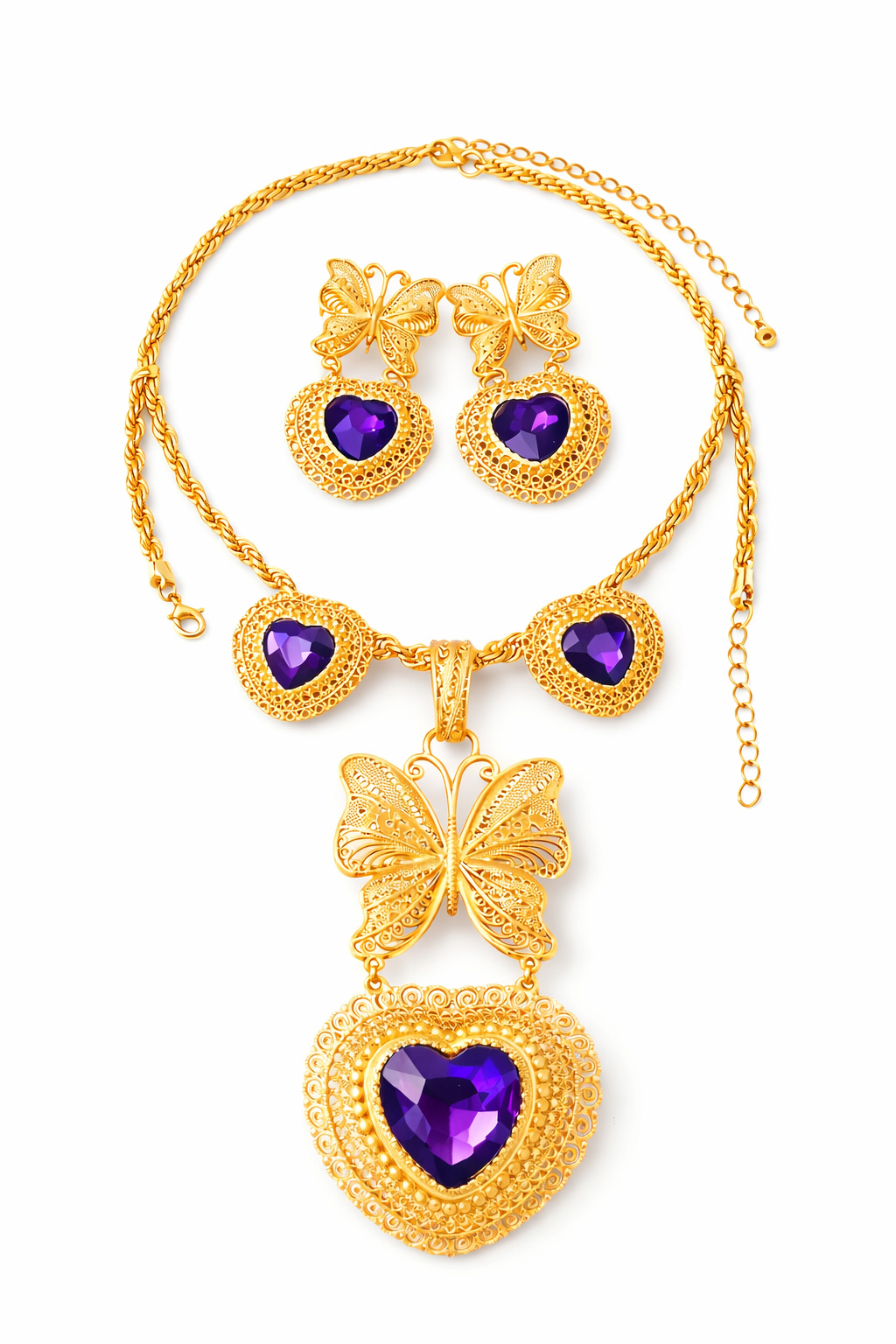 Juego de Collar y Aretes Mariposa con Corazón Violeta