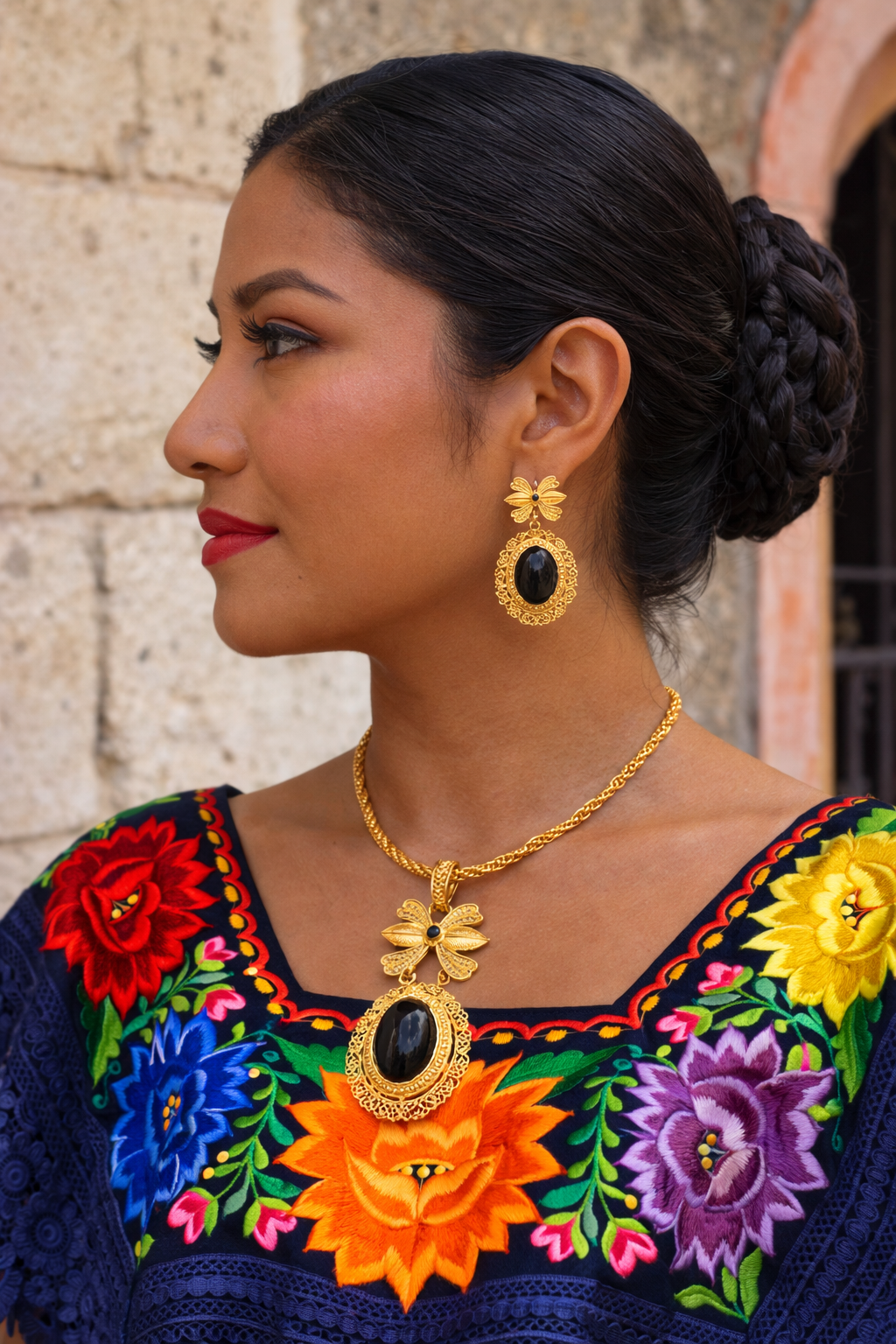 Juego de Collar y Aretes con Ónix Negro