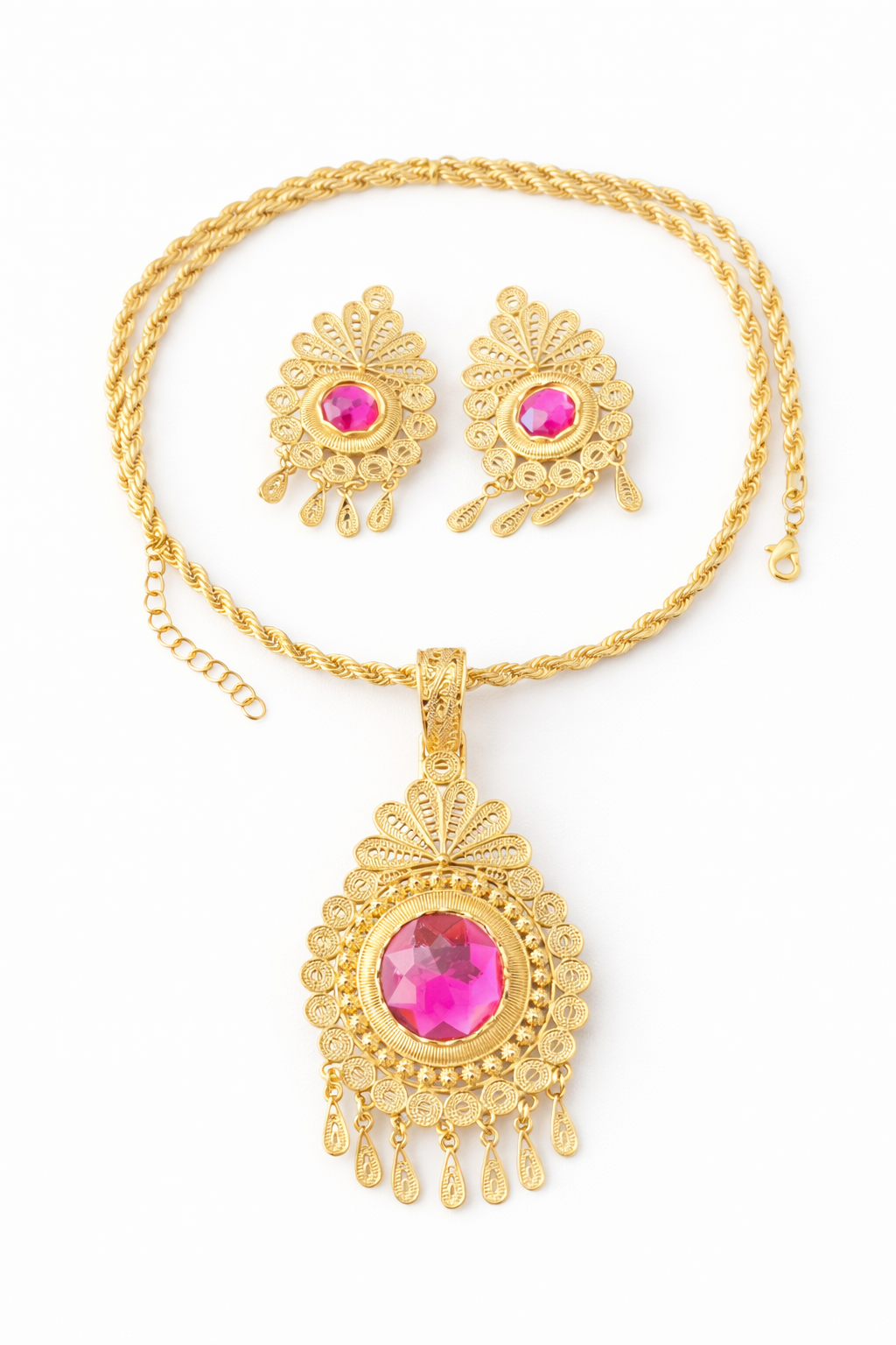 Juego de Collar y Aretes Filigrana con Piedra Rosa