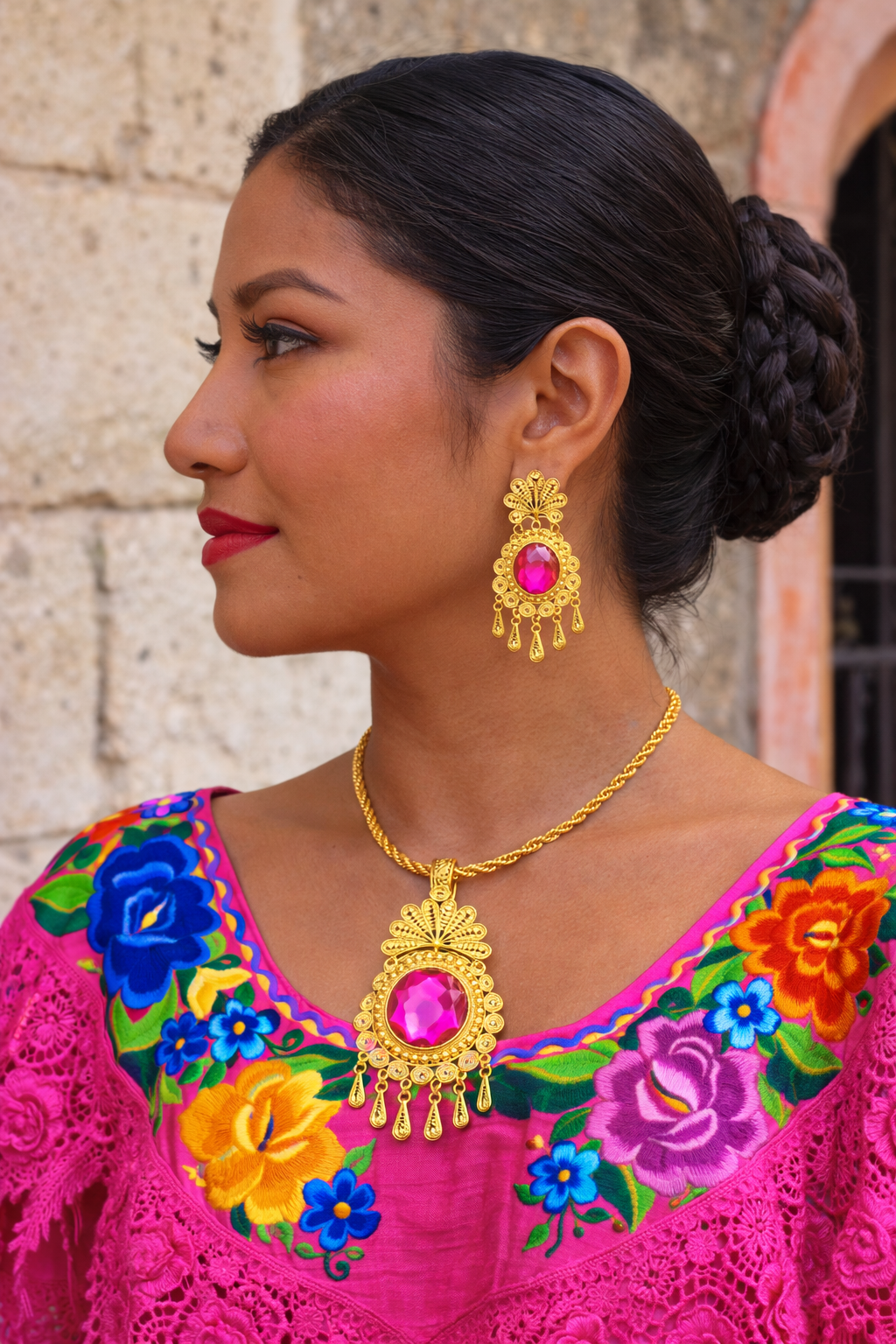 Juego de Collar y Aretes Filigrana con Piedra Rosa